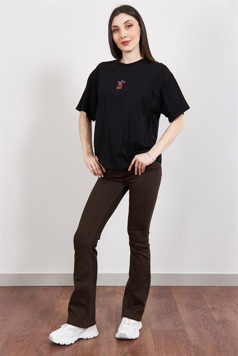 Siyah Teddy Bear Nakışlı Oversize T Shirt