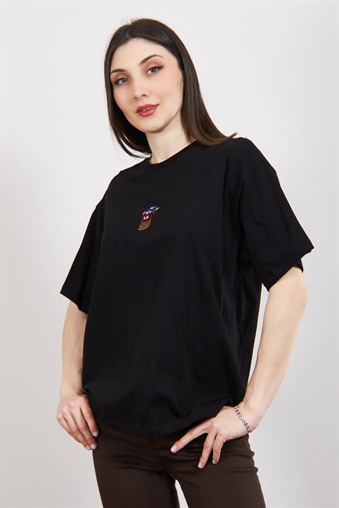 Siyah Teddy Bear Nakışlı Oversize T Shirt