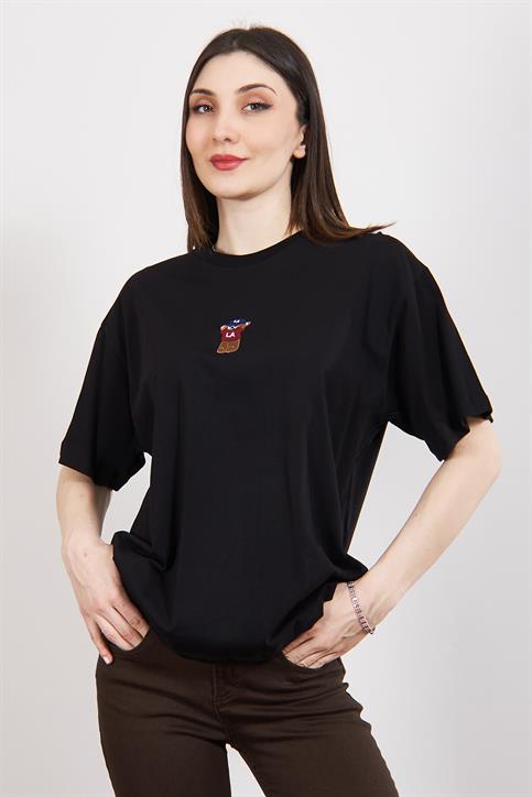 Siyah Teddy Bear Nakışlı Oversize T Shirt