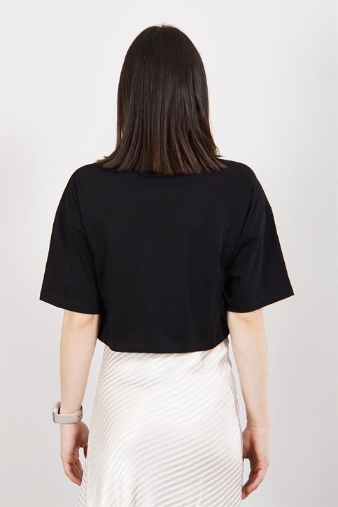 Siyah Teddy Nakışlı Crop T Shirt