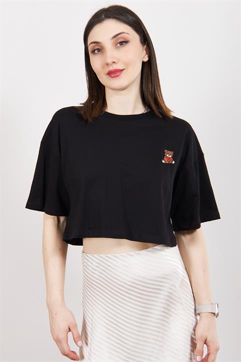 Siyah Teddy Nakışlı Crop T Shirt