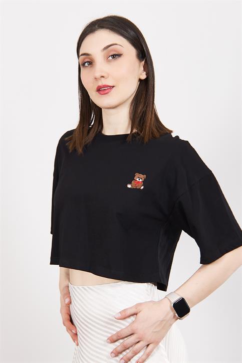 Siyah Teddy Nakışlı Crop T Shirt