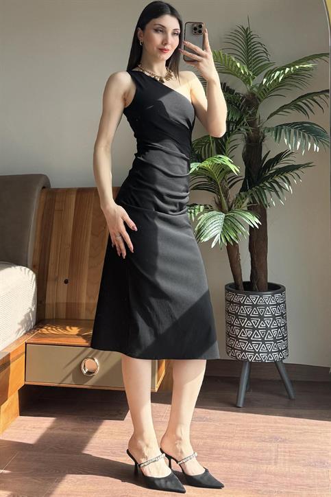 Siyah Tek Omuz Ultra Esnek Vücuda Oturan Elbise