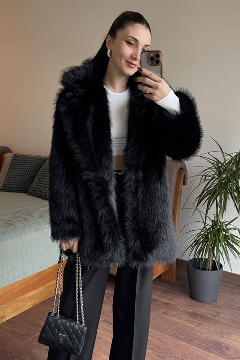Siyah Uzun Lolita Kürk Mont