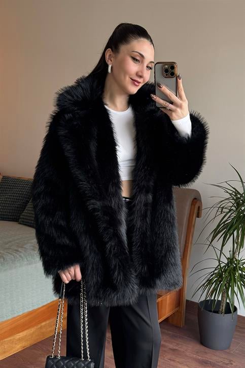 Siyah Uzun Lolita Kürk Mont