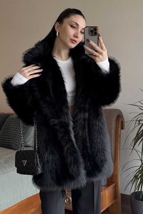 Siyah Uzun Lolita Kürk Mont