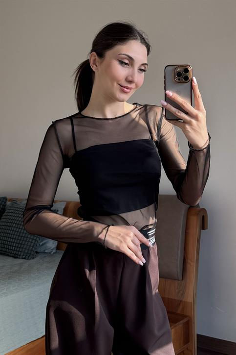 Siyah Uzunkollu Transparan Bluz