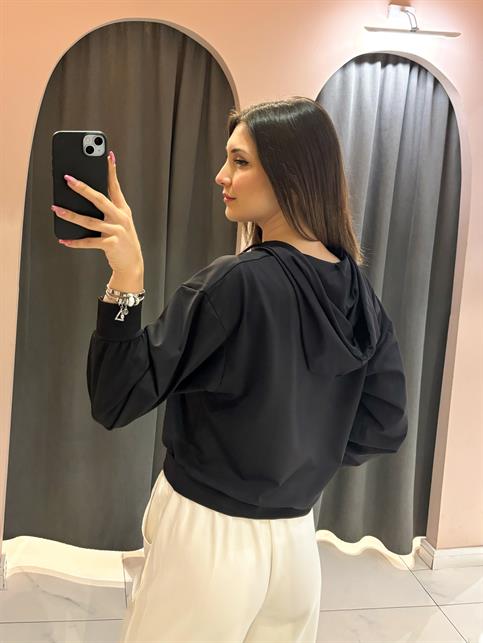 Siyah V Yaka Kapüşonlu Sweatshirt