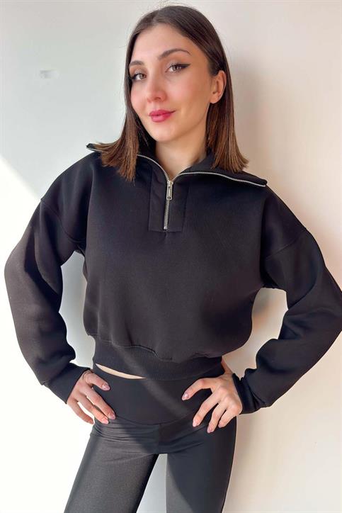 Siyah Yaka Detaylı Crop Sweatshirt