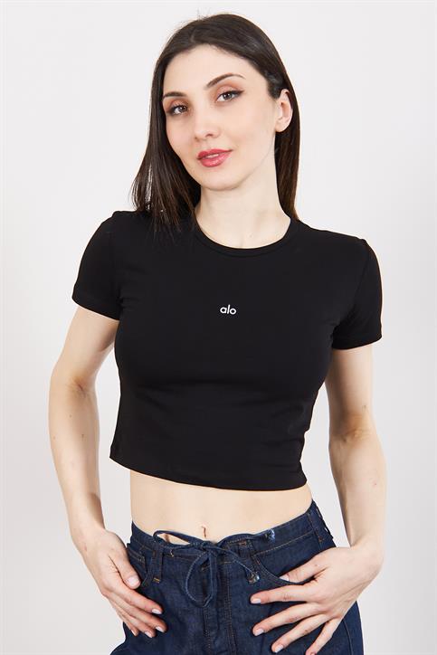 Siyah Yazı Detaylı Crop T Shirt