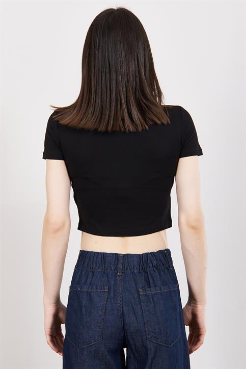 Siyah Yazı Detaylı Crop T Shirt