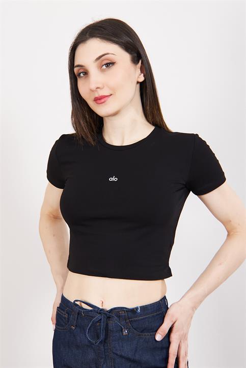 Siyah Yazı Detaylı Crop T Shirt