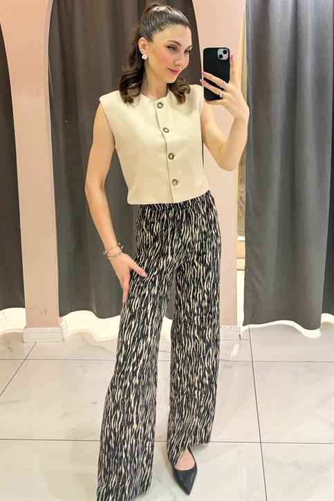 Siyah Zebra Desenli Beli Lastikli Viskon Pantolon
