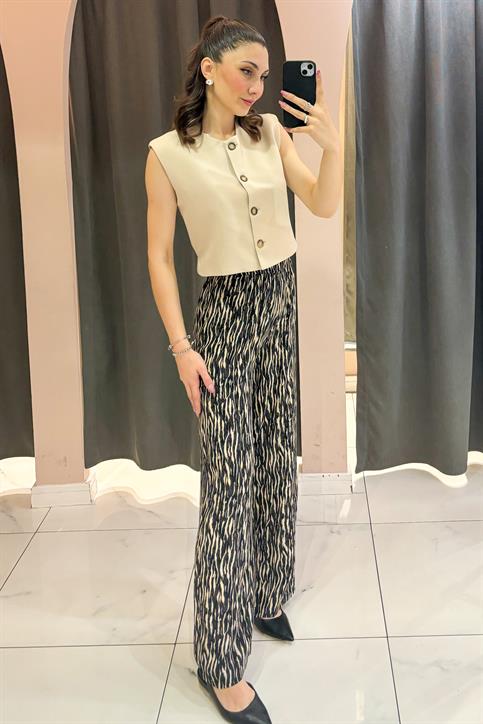 Siyah Zebra Desenli Beli Lastikli Viskon Pantolon