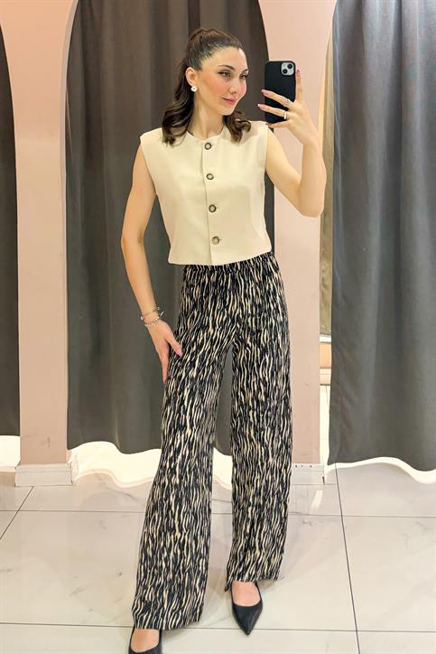 Siyah Zebra Desenli Beli Lastikli Viskon Pantolon