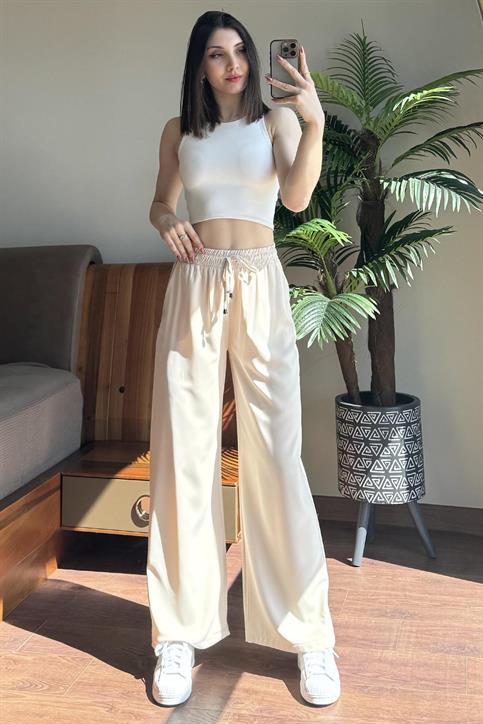 Taş Beli Lastikli Bol Paça Pantolon