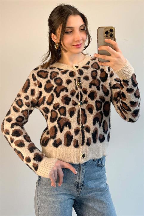 Taş Leopar Desen Sakallı Soft Triko Hırka