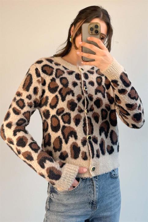 Taş Leopar Desen Sakallı Soft Triko Hırka