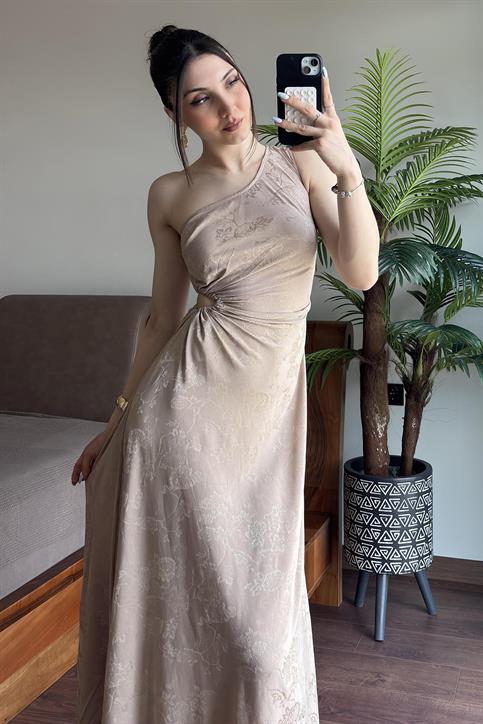 Taş Tek Omuz Dekolte Detaylı Kendinden Desenli Elbise