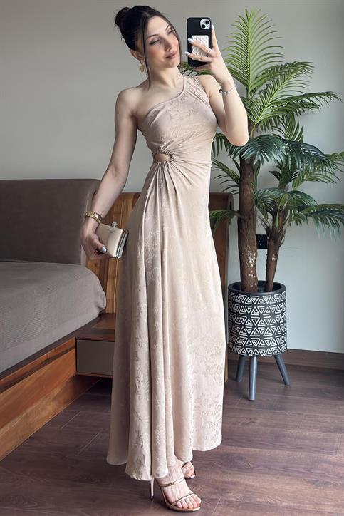 Taş Tek Omuz Dekolte Detaylı Kendinden Desenli Elbise