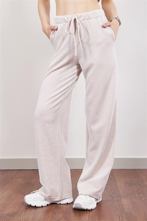 Vizon Elastik Belli Straight Fit Çizgili Pantolon