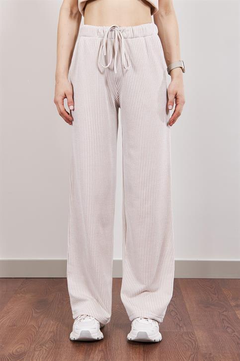 Vizon Elastik Belli Straight Fit Çizgili Pantolon