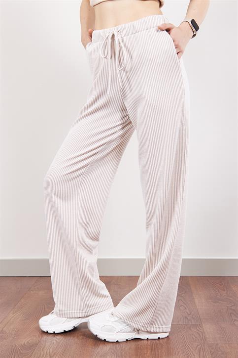 Vizon Elastik Belli Straight Fit Çizgili Pantolon