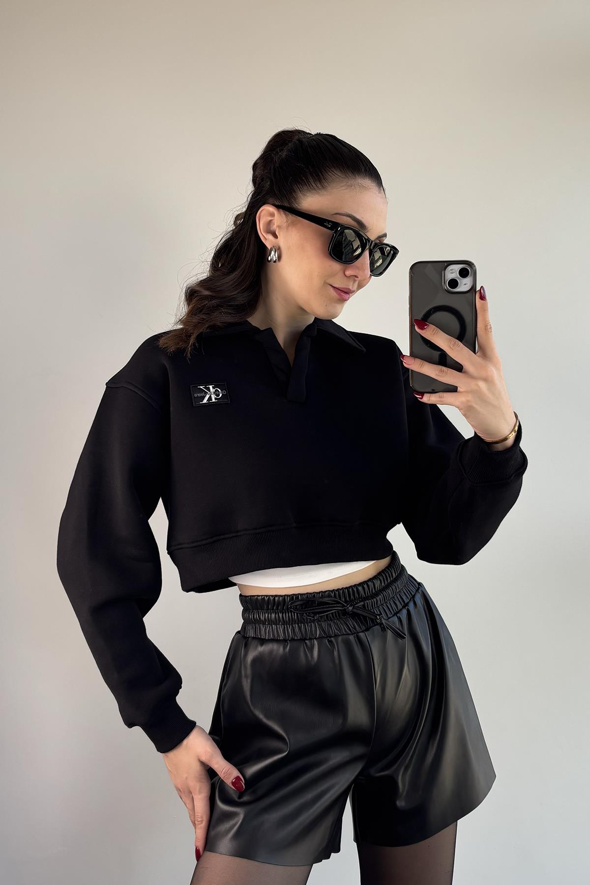 Siyah ardonlu Polo Yaka Armal Crop Sweatshirt