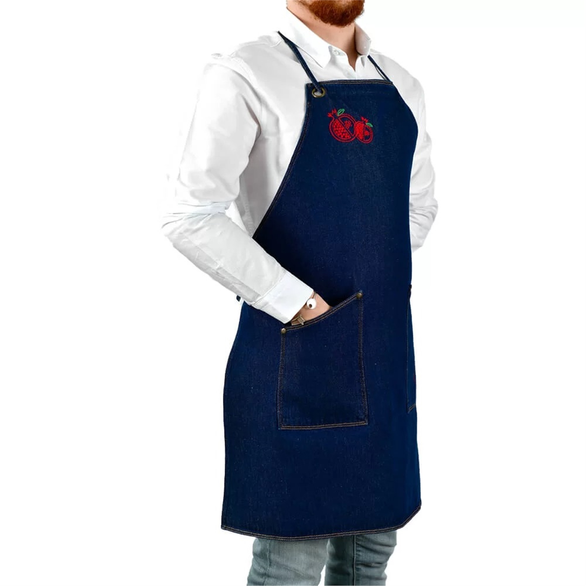 Denim Nar Nakışlı Önlük