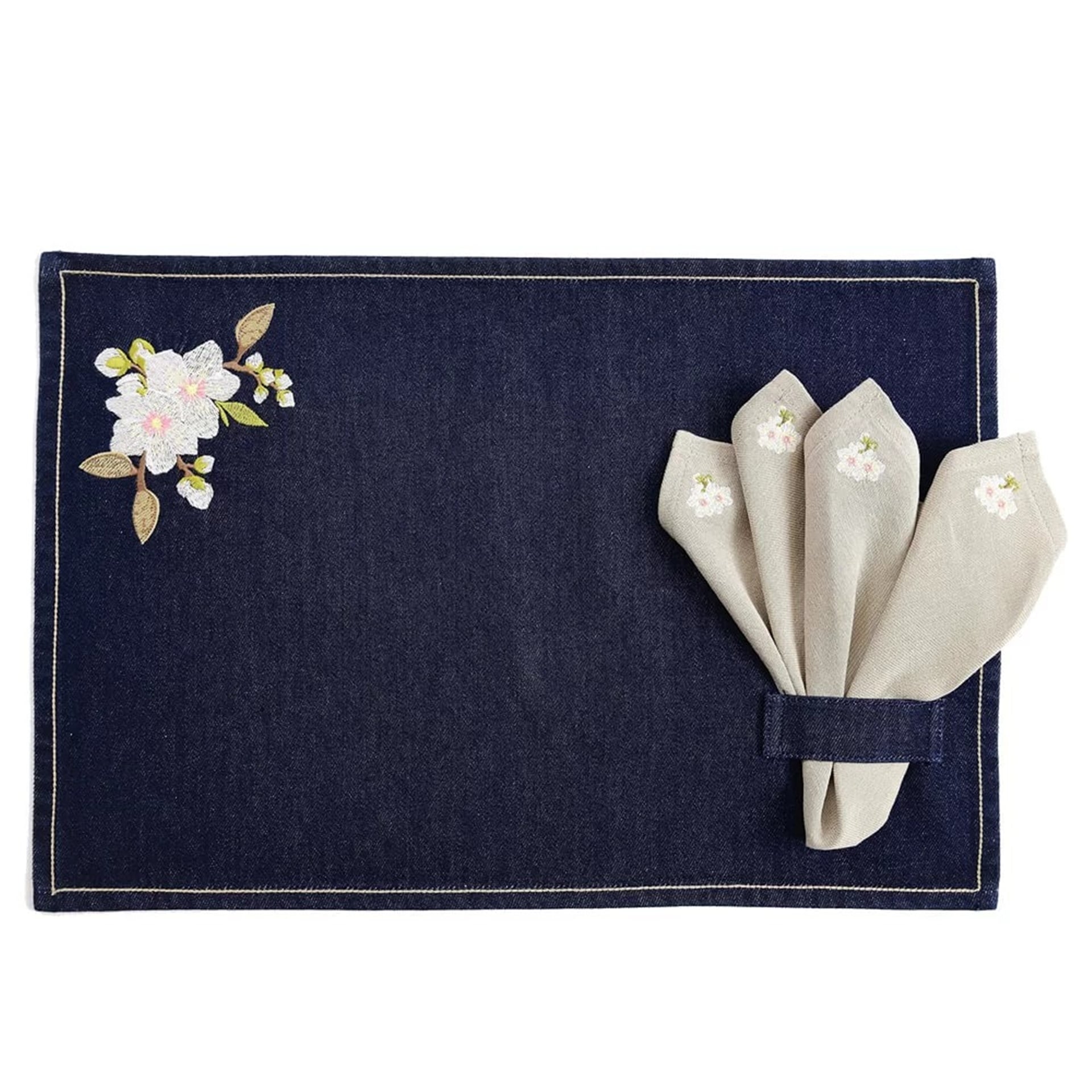 Denim Üzeri Badem Çiçeği Nakışlı Amerikan Servis