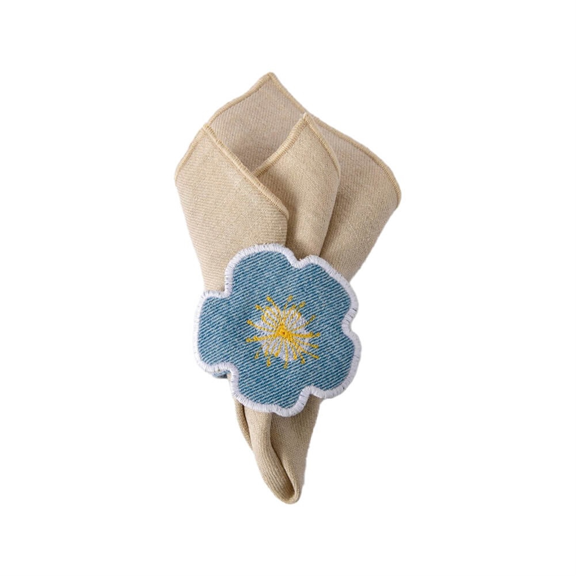 Buz Mavi Denim Çiçek Peçete Yüzüğü Beyaz Nakışlı