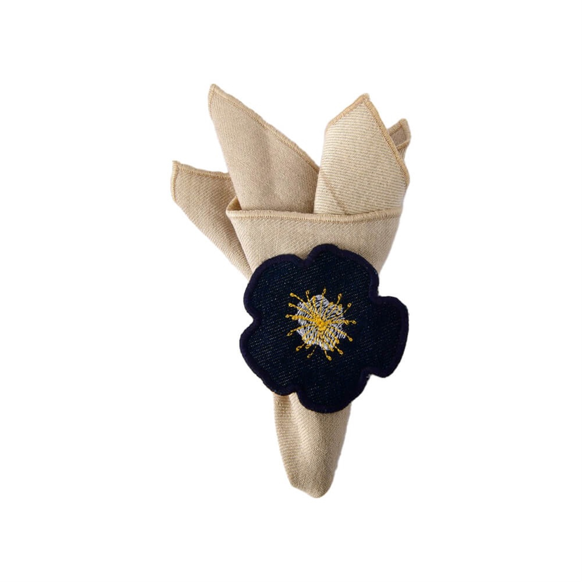 Denim Çiçek Peçete Yüzüğü Beyaz Nakışlı