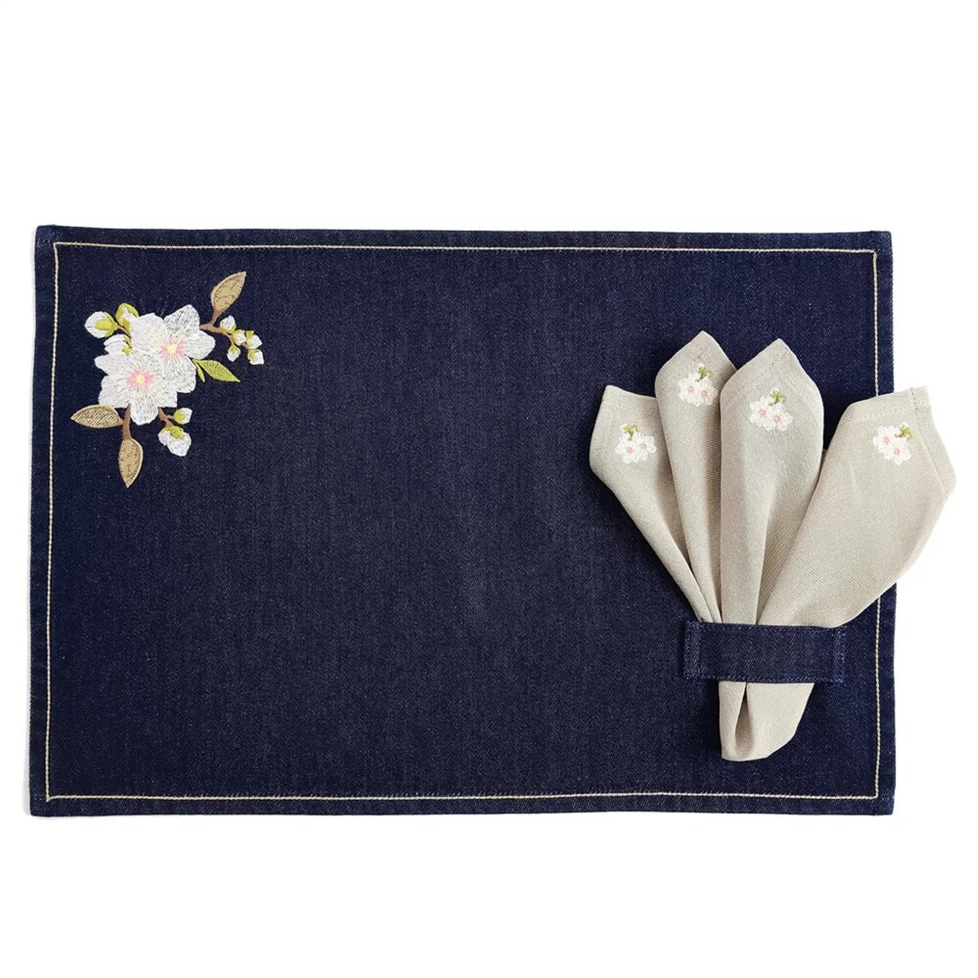 Denim Üzeri Badem Çiçeği Nakışlı Amerikan Servis