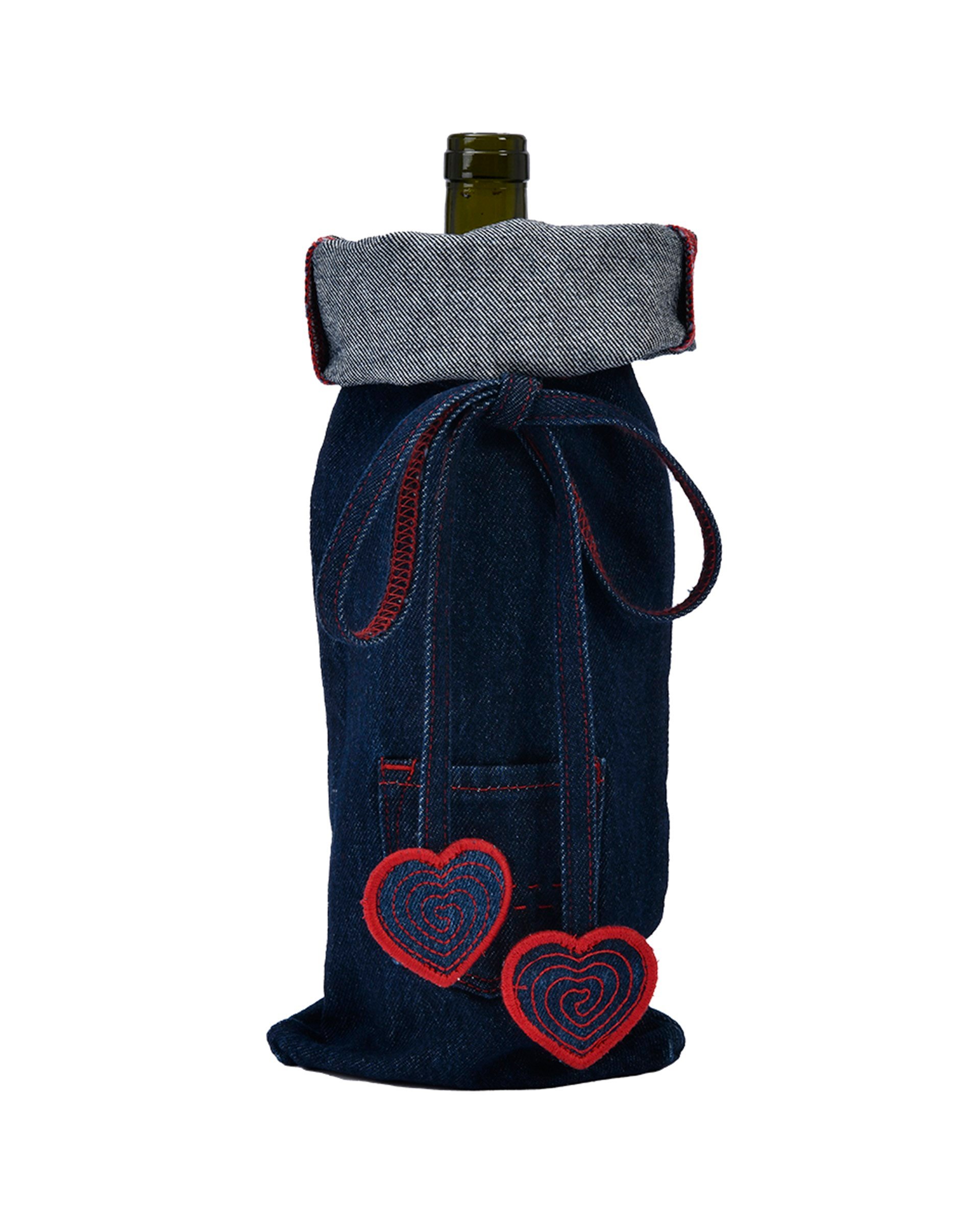 Kırmızı Nakışlı Denim Şaraplık