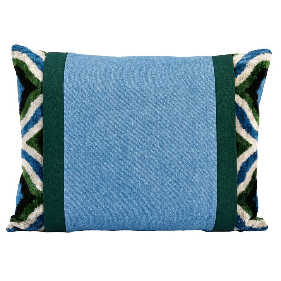 Spring Lime Blue Denim Ikat Pillow