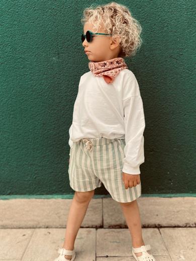 Müslin Çocuk Şort Beli Lastikli %100 Pamuklu Yeşil Çizgili