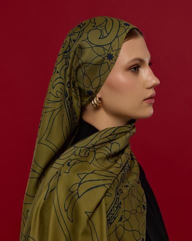 S-EFSUNLU-72 Altın & Lacivert Efsunlu Desen Şal