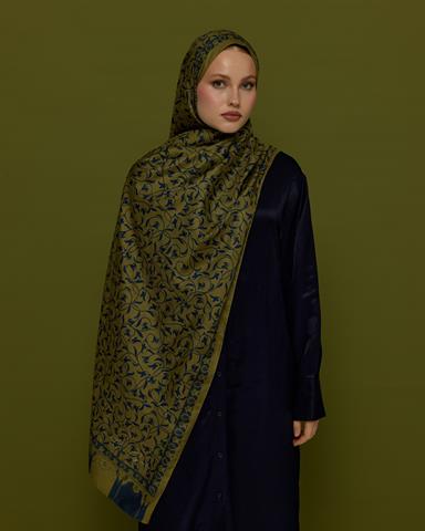 S-LALE-72 Altın & Lacivert Lale Bahçesi Desen Şal