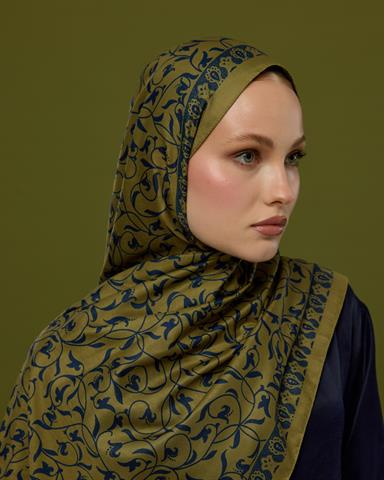S-LALE-72 Altın & Lacivert Lale Bahçesi Desen Şal