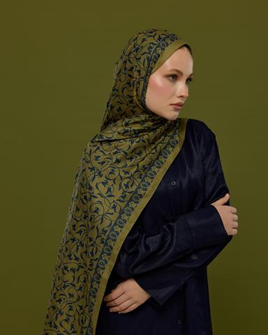 S-LALE-72 Altın & Lacivert Lale Bahçesi Desen Şal