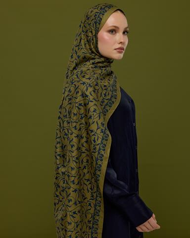 S-LALE-72 Altın & Lacivert Lale Bahçesi Desen Şal