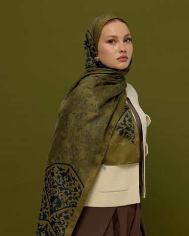 S-SARAYLI-72 Altın & Lacivert Saraylı Desen Şal