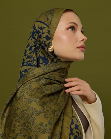 S-SARAYLI-72 Altın & Lacivert Saraylı Desen Şal