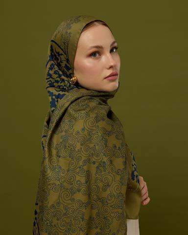 S-SARAYLI-72 Altın & Lacivert Saraylı Desen Şal
