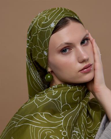 S-EFSUNLU-39 Altın Zeytin & Beyaz Işık Efsunlu Desen Şal