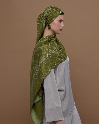 S-EFSUNLU-39 Altın Zeytin & Beyaz Işık Efsunlu Desen Şal