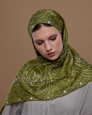 S-EFSUNLU-39 Altın Zeytin & Beyaz Işık Efsunlu Desen Şal