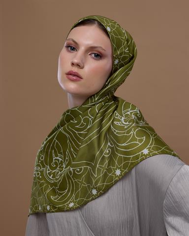 S-EFSUNLU-39 Altın Zeytin & Beyaz Işık Efsunlu Desen Şal