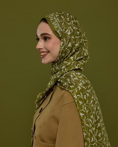 S-LALE-39 Altın Zeytin & Beyaz Işık Lale Bahçesi Desen Şal