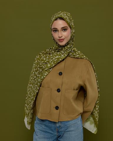 S-LALE-39 Altın Zeytin & Beyaz Işık Lale Bahçesi Desen Şal